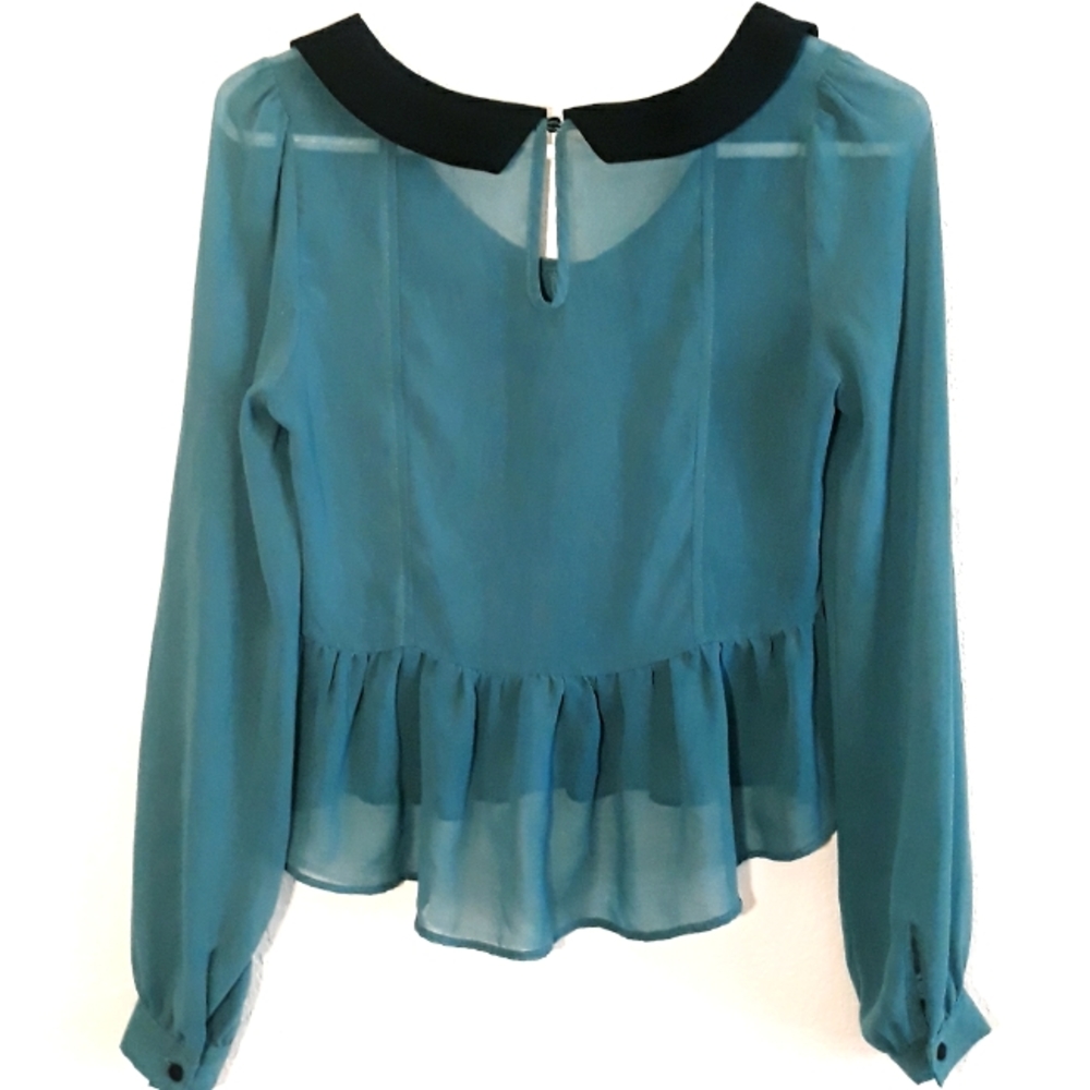 Double Zero Sheer Ruffle Front Blouse Size - Size Small/XS Teal Blue - Picture 9 of 14